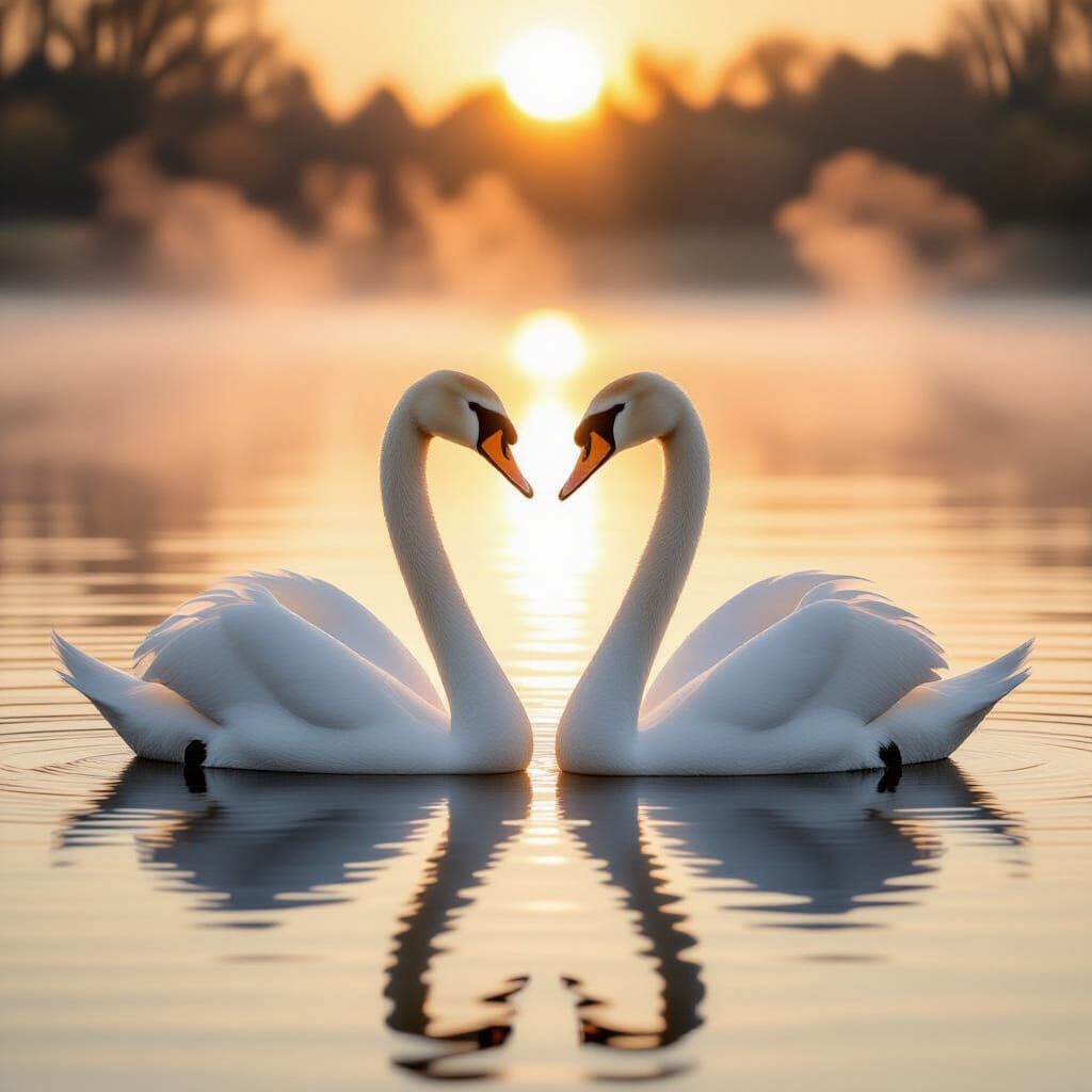 Elegant Swans Form Heart Shape on Lake at Sunrise