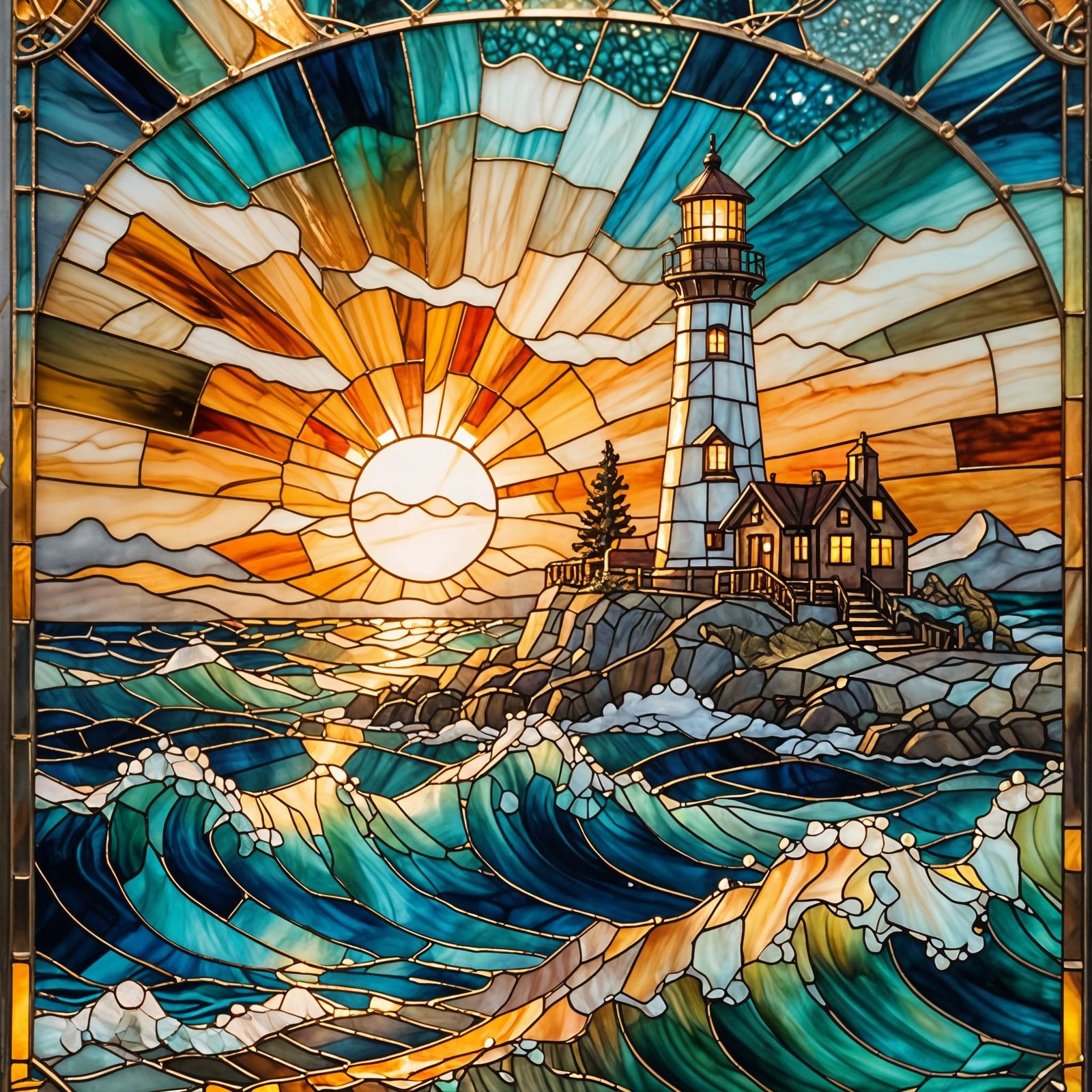 Lighthouse Beacon in Shimmering Stained Glass