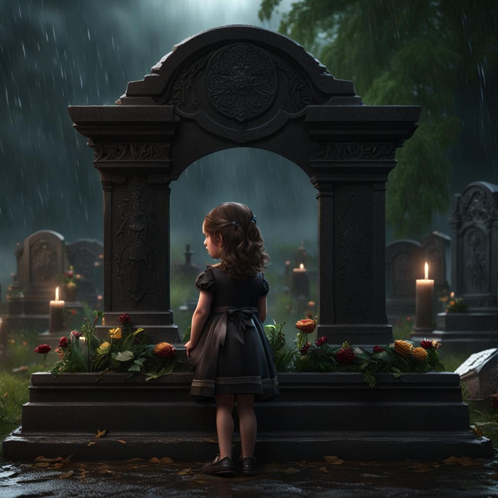 Sad Girl Crying at Grave: Detailed Matte Painting