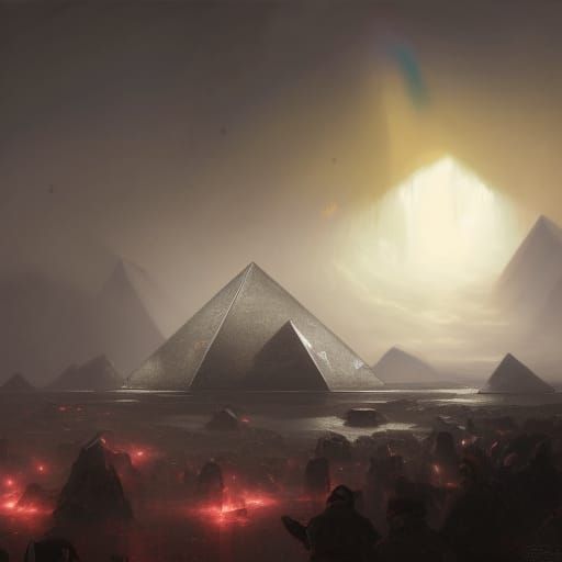 Hyperrealistic Pyramid with Rainbow Bubbles in Dark Fantasy