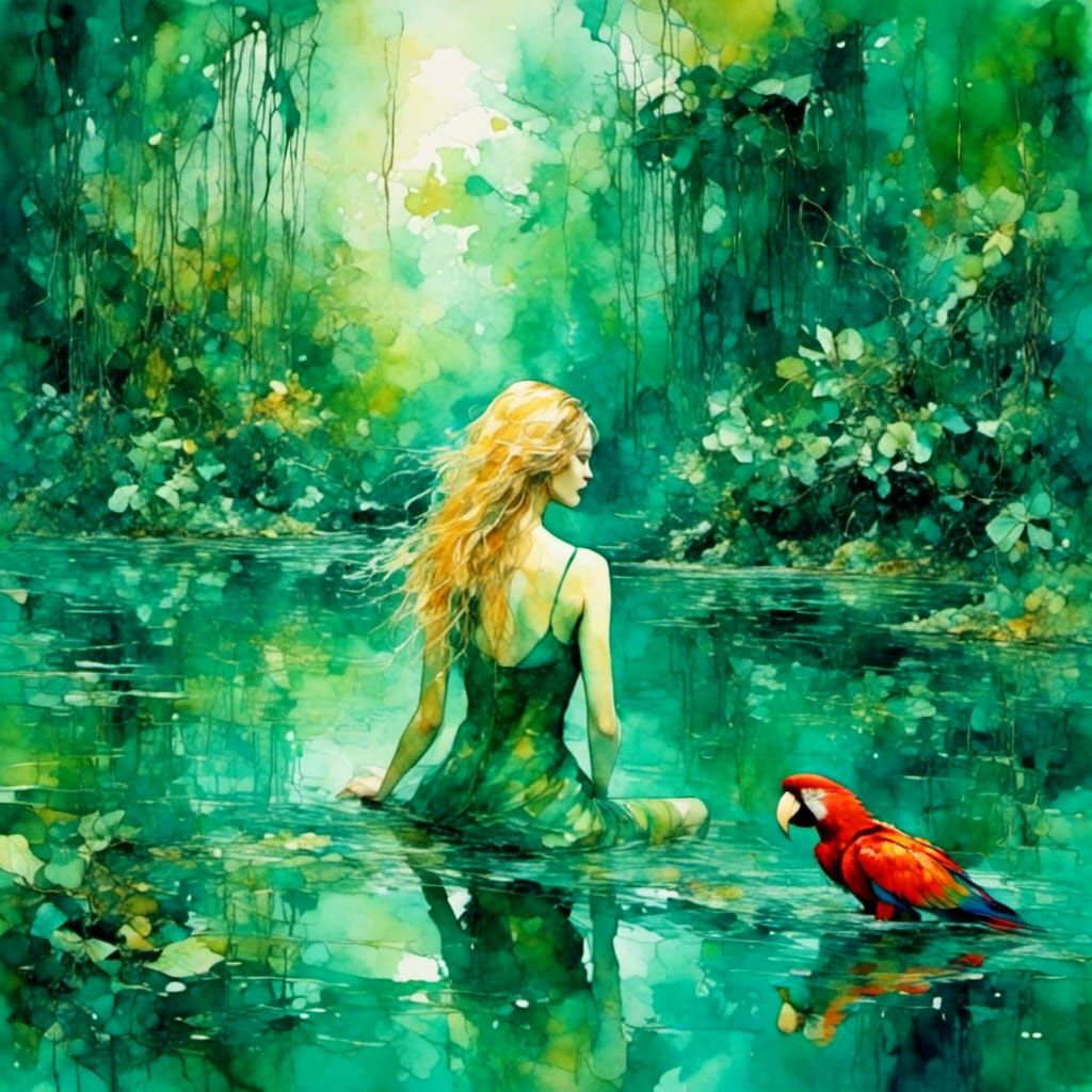 Rainforest Lagoon Scene with Neurographic Ink Effects