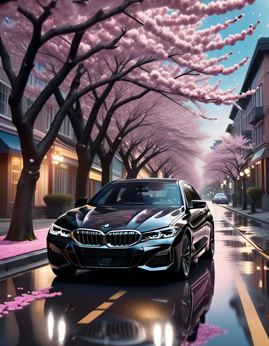 BMW Under Cherry Blossoms in Hyper-Realistic Style