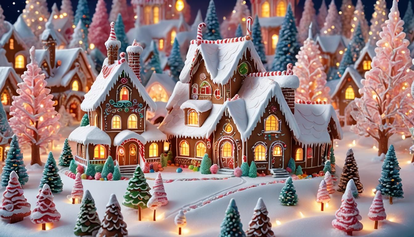 Gingerbread House in Winter Wonderland, Digital Illustration