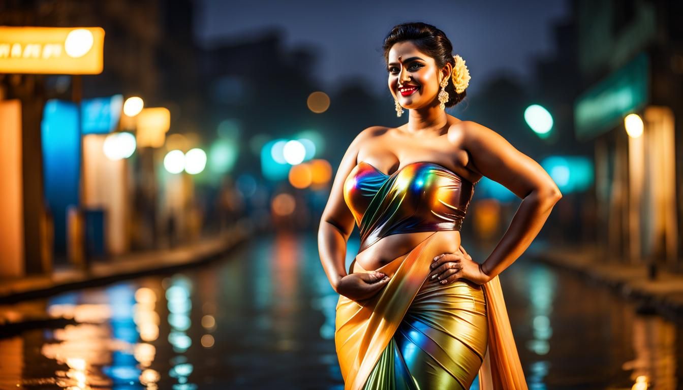 Curvy Woman in Wet Clothes Under Streetlight