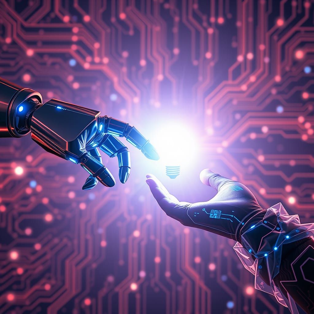Human and Robot Hands Connect in Futuristic Glow