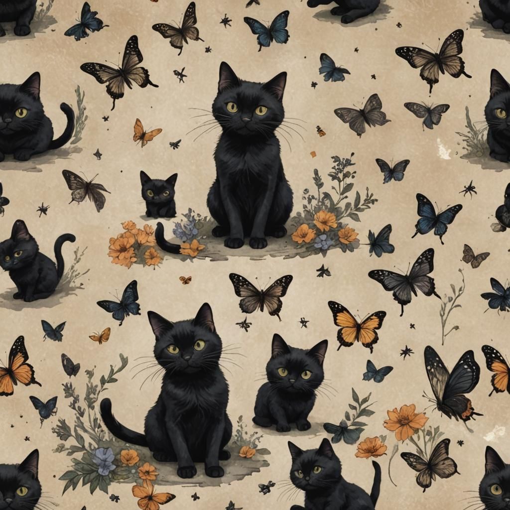 Whimsical Witch Cat Conjuring Butterfly