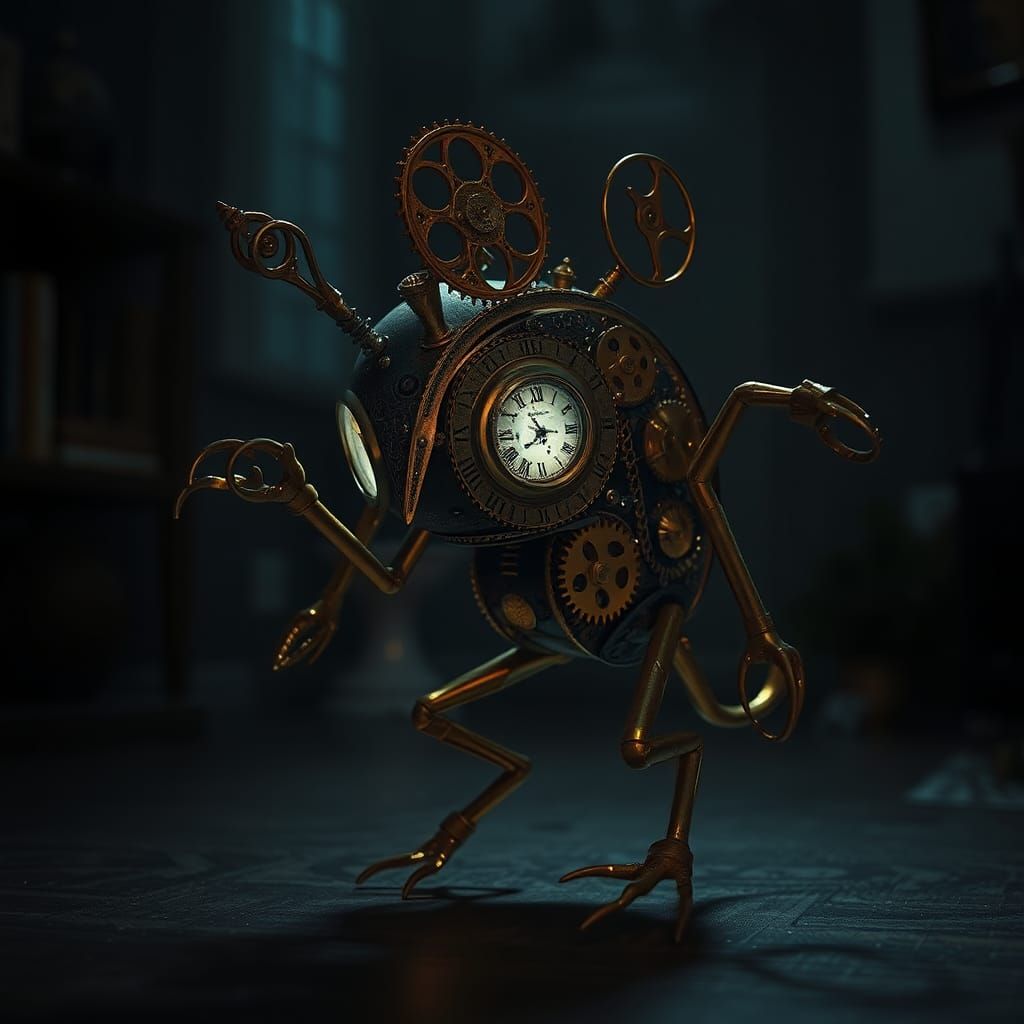Clockwork Creature in my home at night.Clockwork Creature in my home at night. Its gears whir softly, the sound of metal...