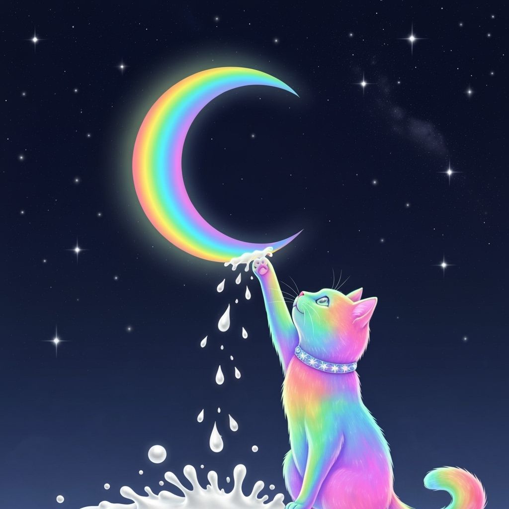 Iridescent Cat Reaching for Rainbow Moon