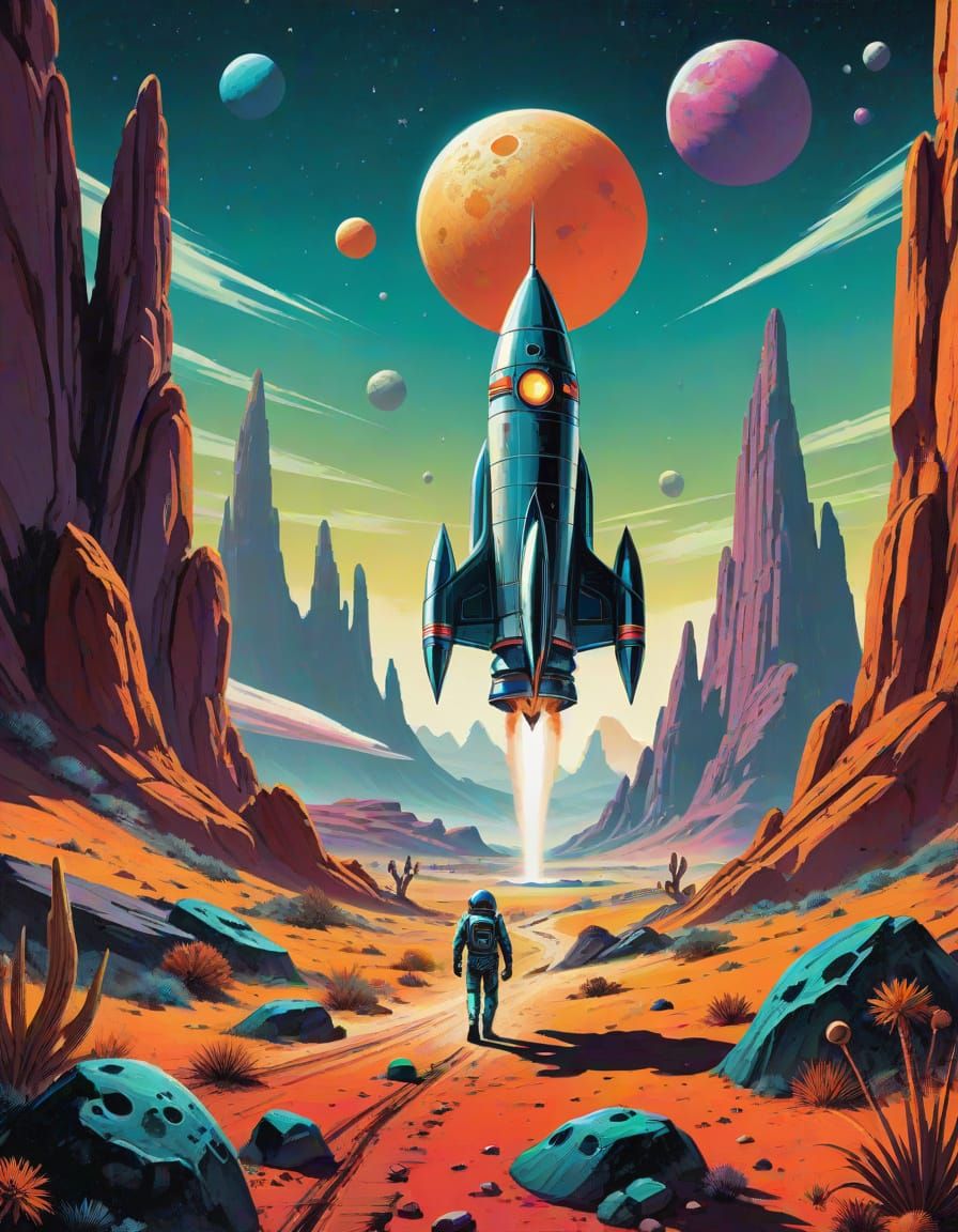 Retro Sci-Fi Rocket Landing on Alien Planet