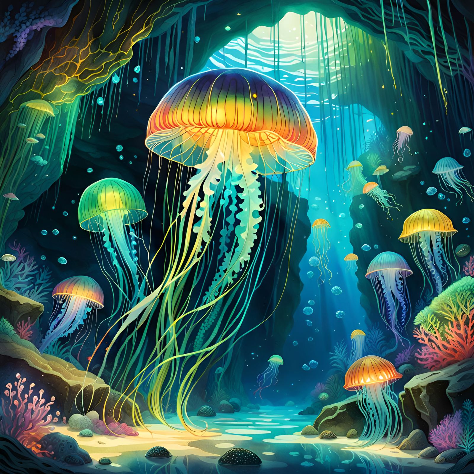 Luminous Rainbow Jellyfish in Underwater Cave