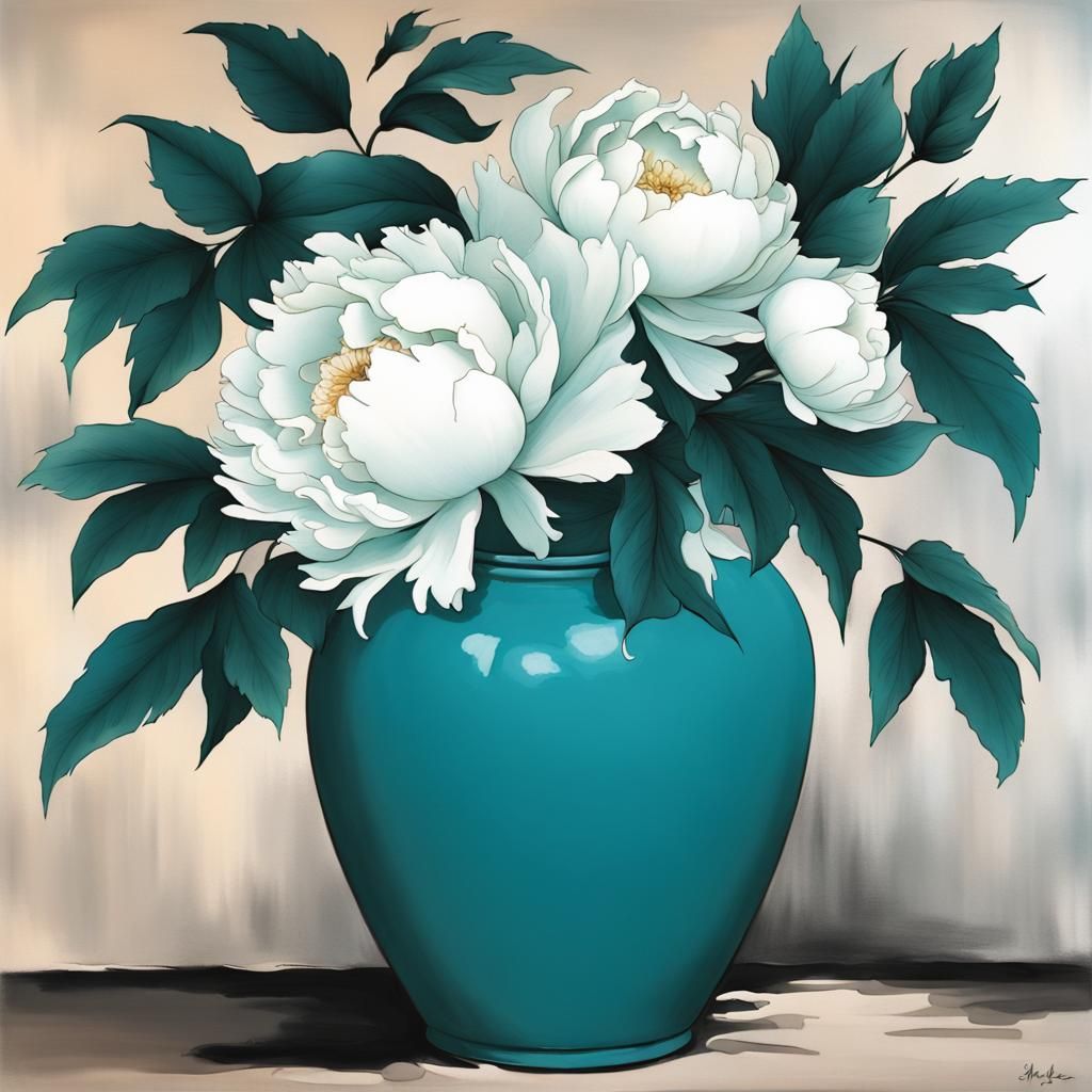 Turquoise Asian Vase with Peonies