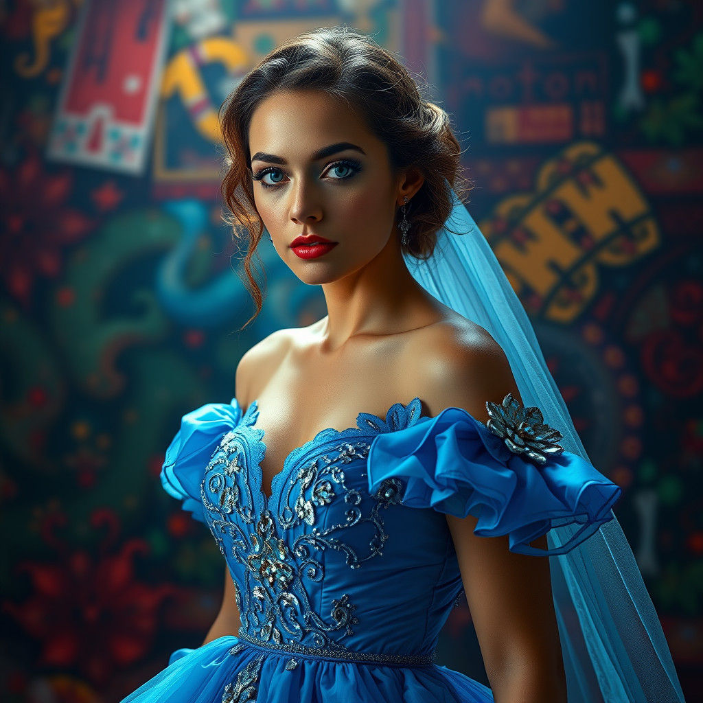 Blue Wedding Dress in Hyperrealistic Dreamscape