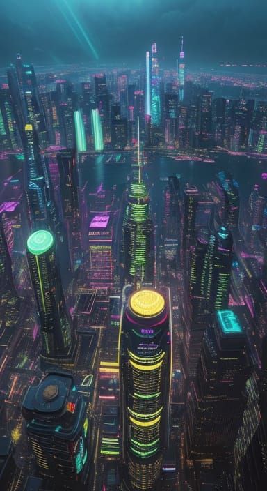 Cyberpunk Metropolis at Night: Neon and Flying Cars