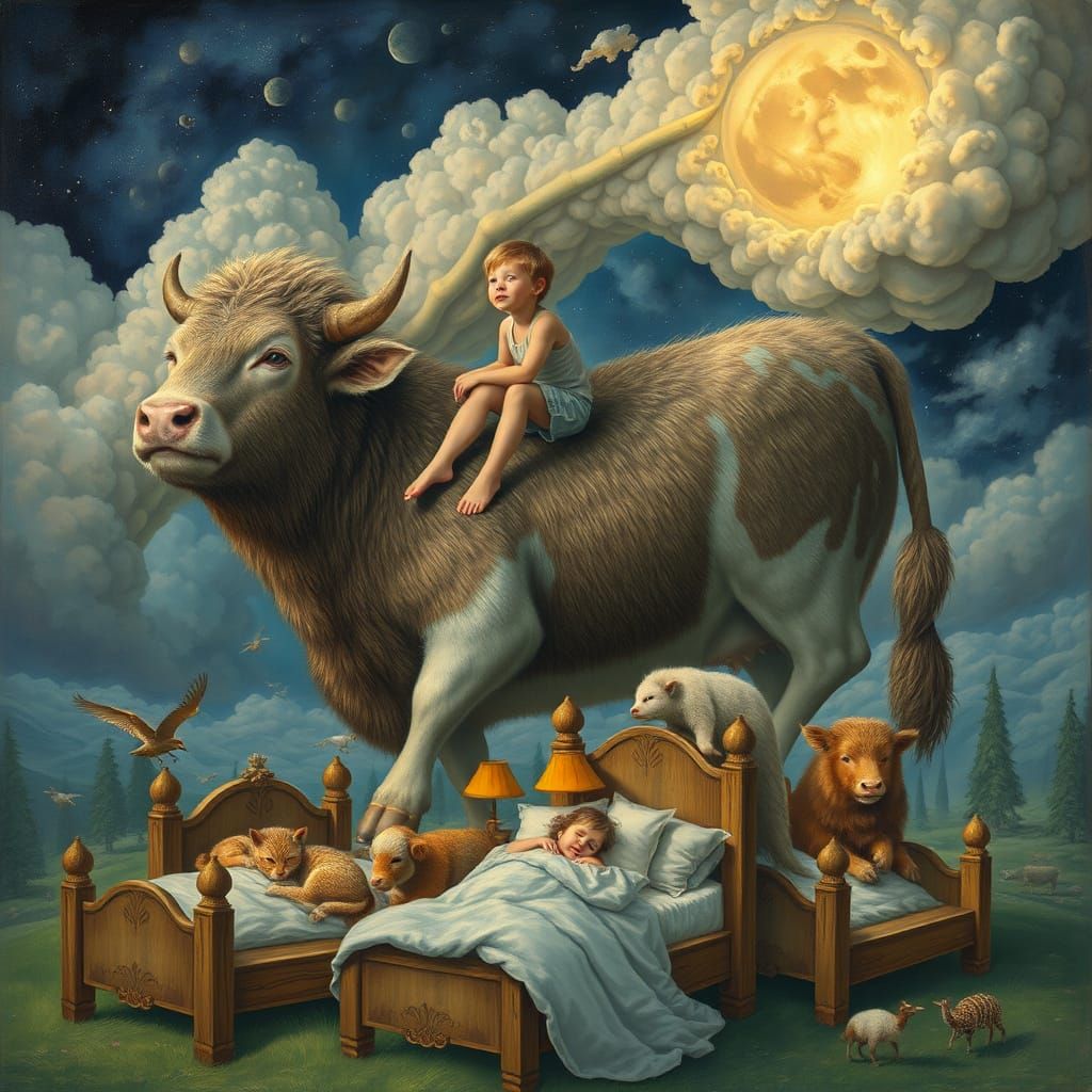 Gigantic Kid Dreams on Whimsical Cow Over Sleeping Animals