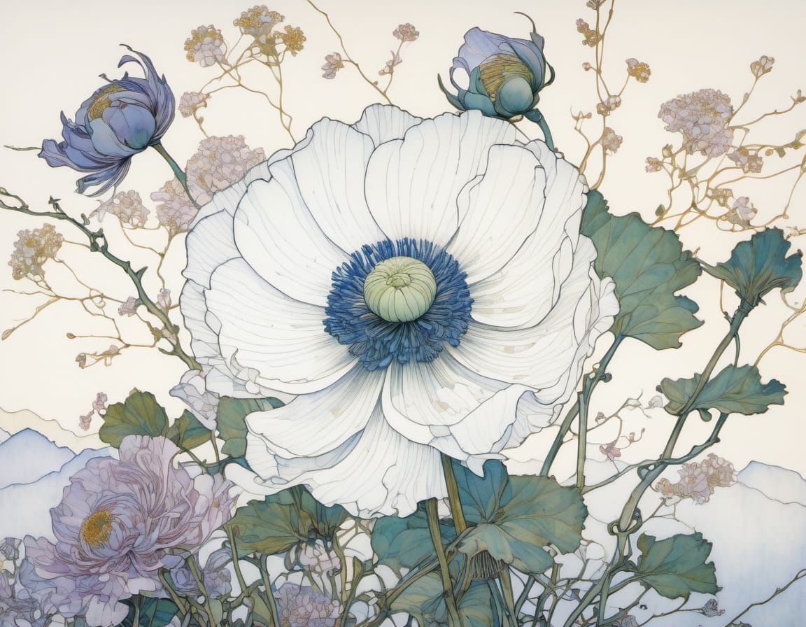 Intricate Anemone Flowers in Pastel Spring Landscape