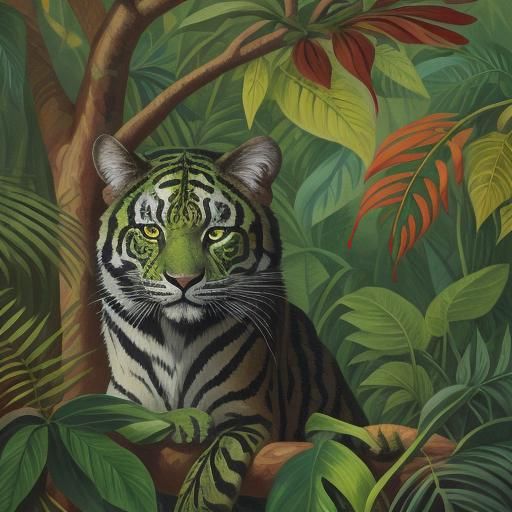 Jungle Scene with Wild Animals in Rousseau Style