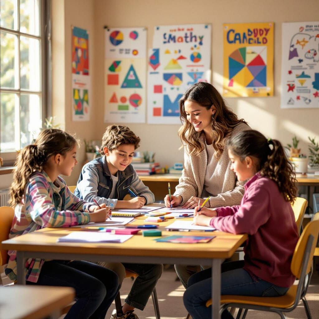 Joyful Math Students in Sunlit Classroom