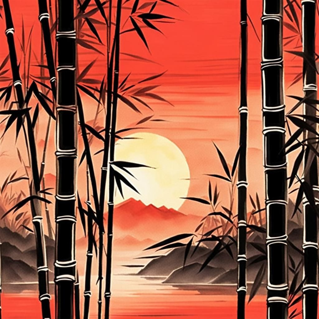 Riverside Bamboo in Muted Chinese Ink Painting