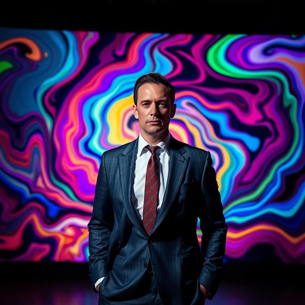 Sophisticated Man in Suit with Psychedelic Light Show