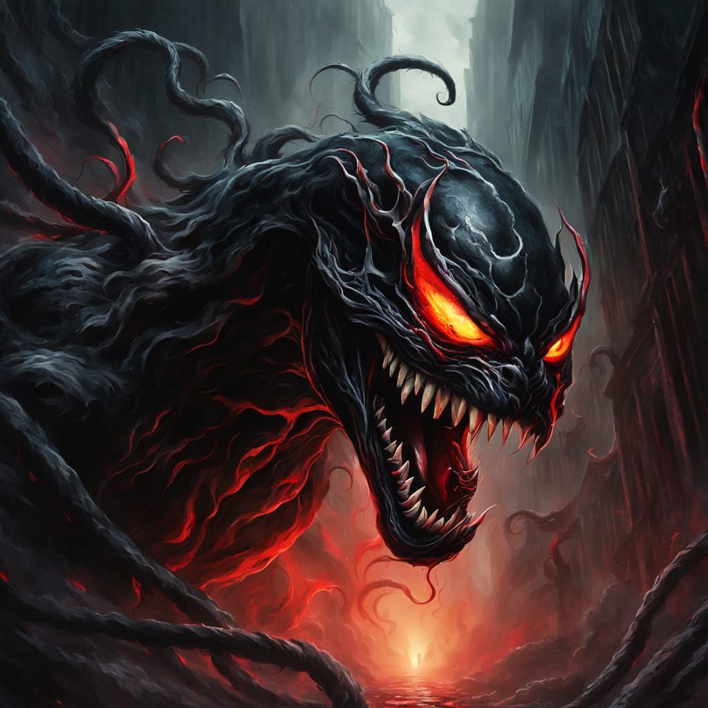 Venom Roaring in Dark Alley: Surrealist Oil Painting