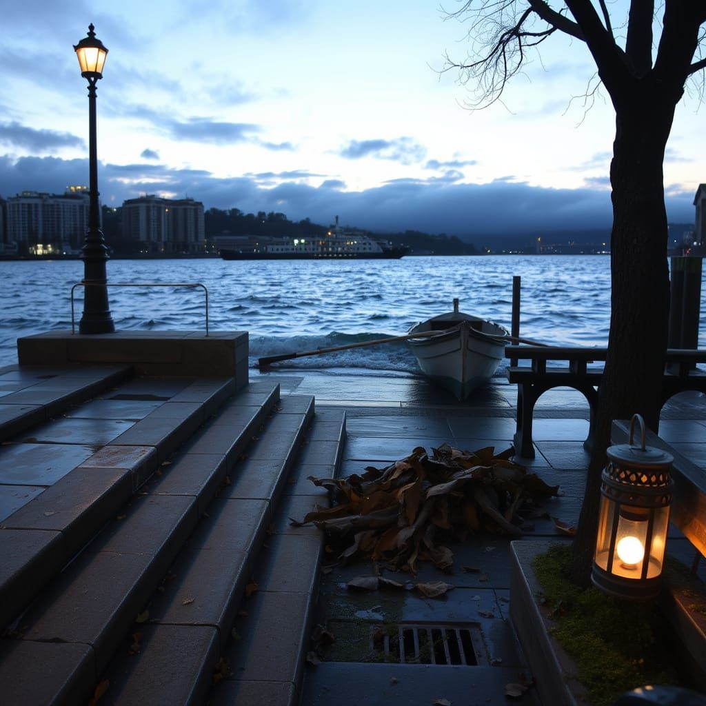 Twilight Riverside Embankment Scene with Flickering Lantern