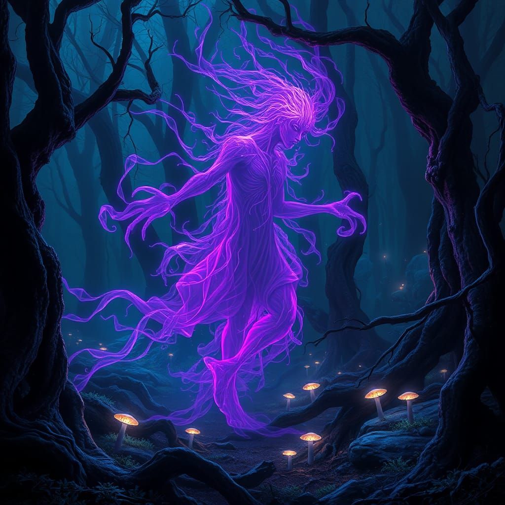Mystical Purple Spirit in a Dark Forest