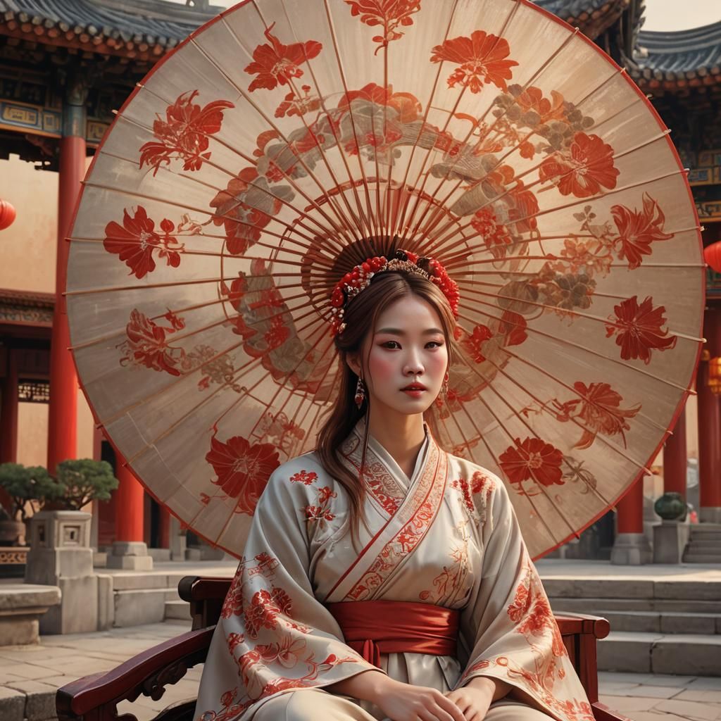 Ethereal Woman with Parasol in Chinese Watercolor Style