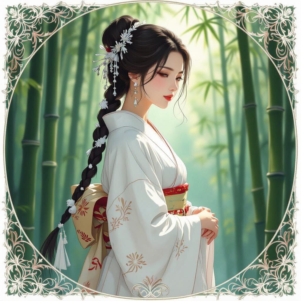 Serene Japanese Woman in Bamboo Forest, Art Nouveau