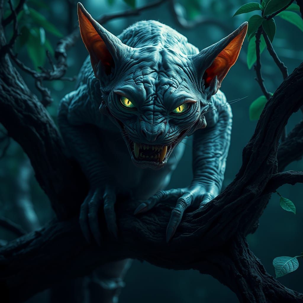 Grotesque Feline Creature Grinning in Dark Fantasy Landscape
