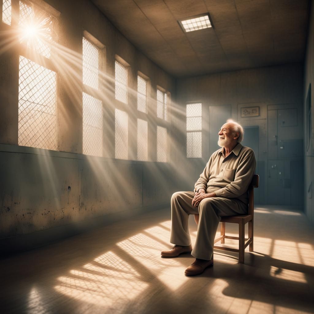 Happy Old Man in Bright Modern Prison Cell