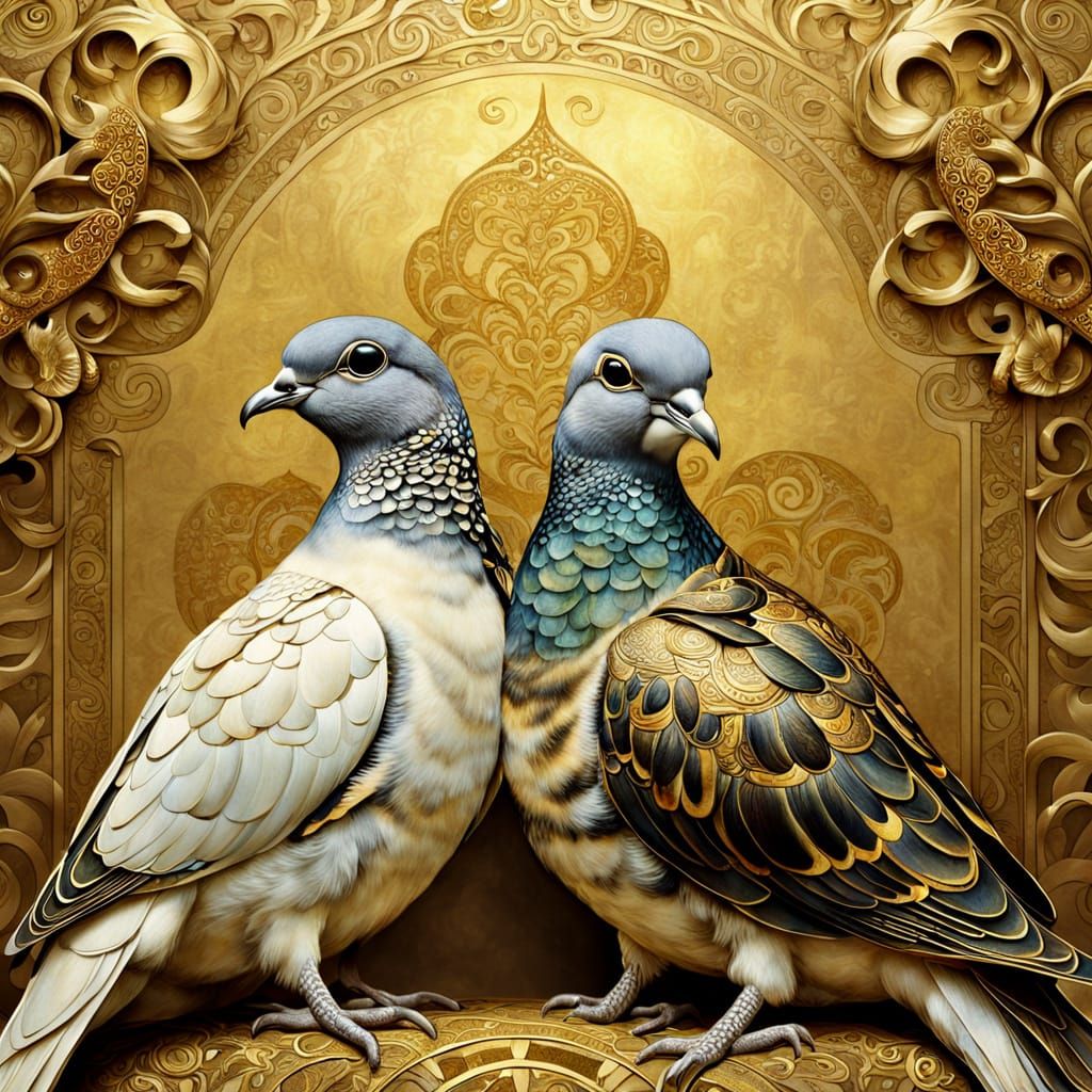 Turtle Doves at War in Gustav Klimt Style
