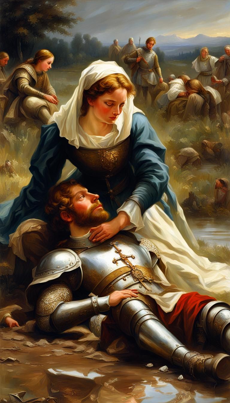 Medieval Lady Nursing Wounded Knight: Digital Oil Painting