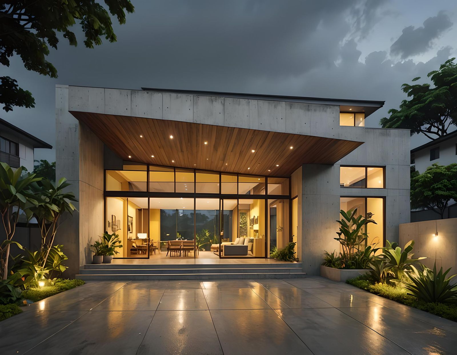 Modern Bungalow Facade with Sleek Concrete and Glass