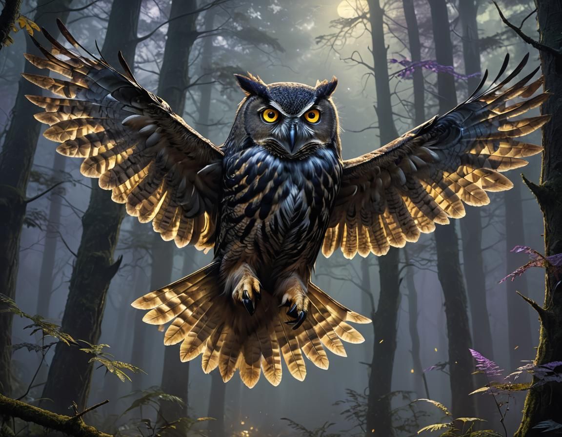 Flying Owl in Misty Forest, Dark Fantasy Art