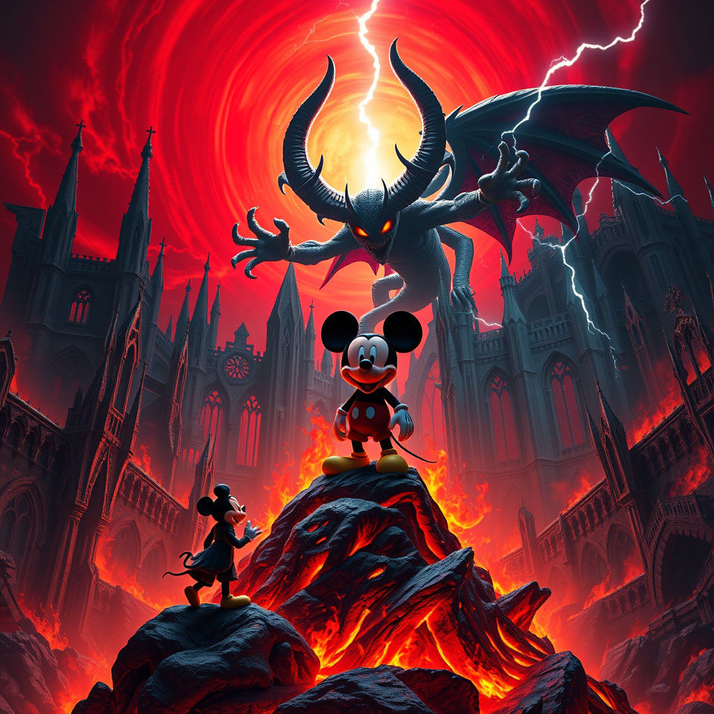 Mickey Mouse Confronts Devil in Apocalyptic Landscape