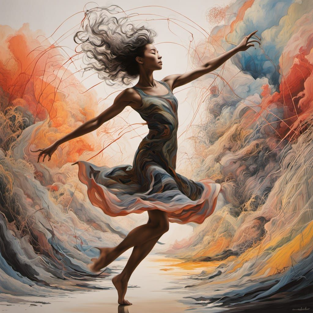 Dynamic Dancer in a Whimsical, Surreal Landscape