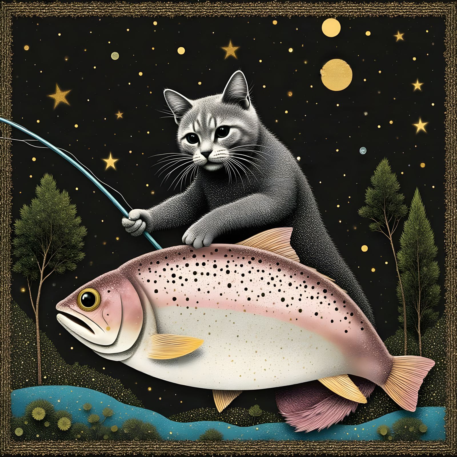 Cat Fishing Collage with Vintage Paper Art