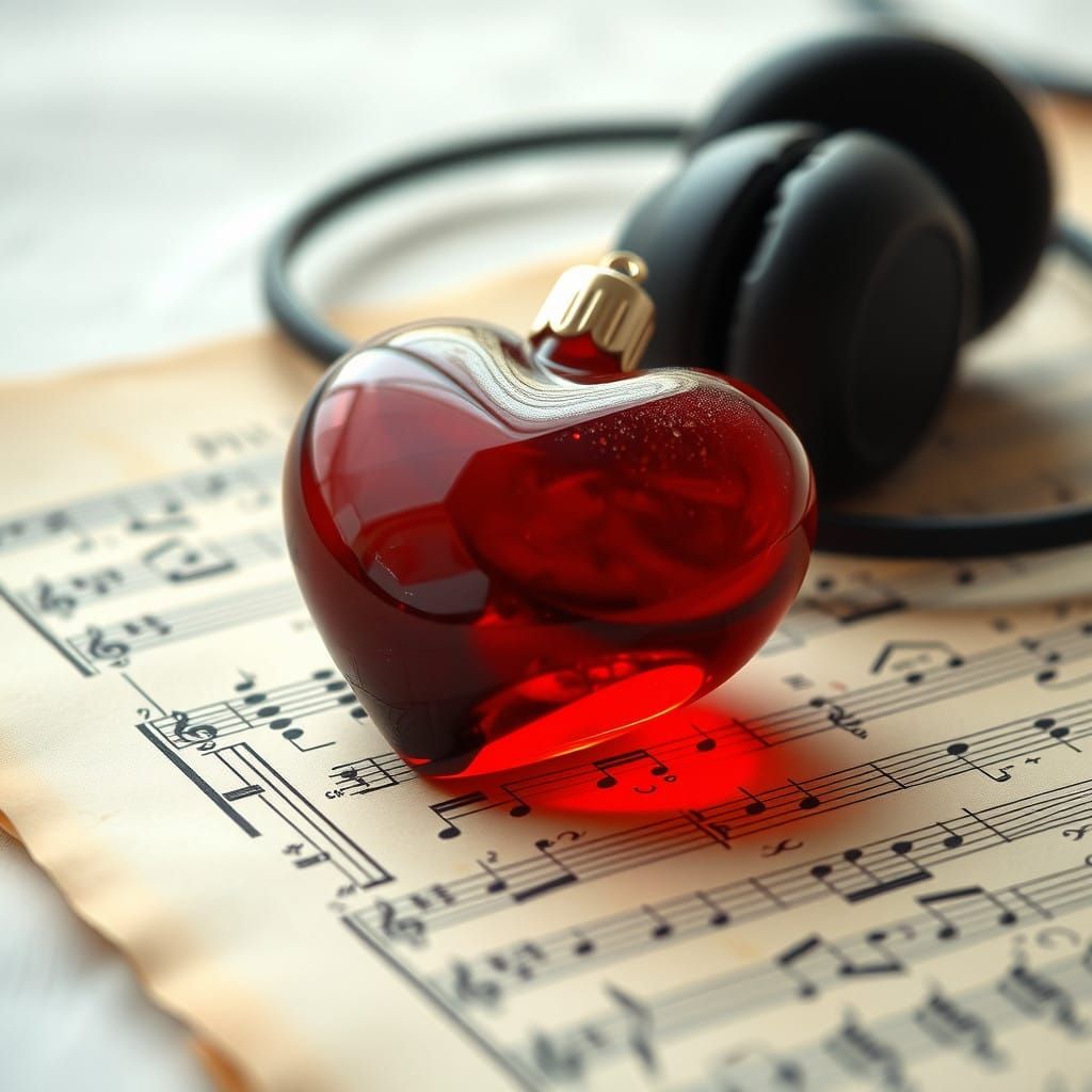 Glass Heart on Music Sheet in Soft Light