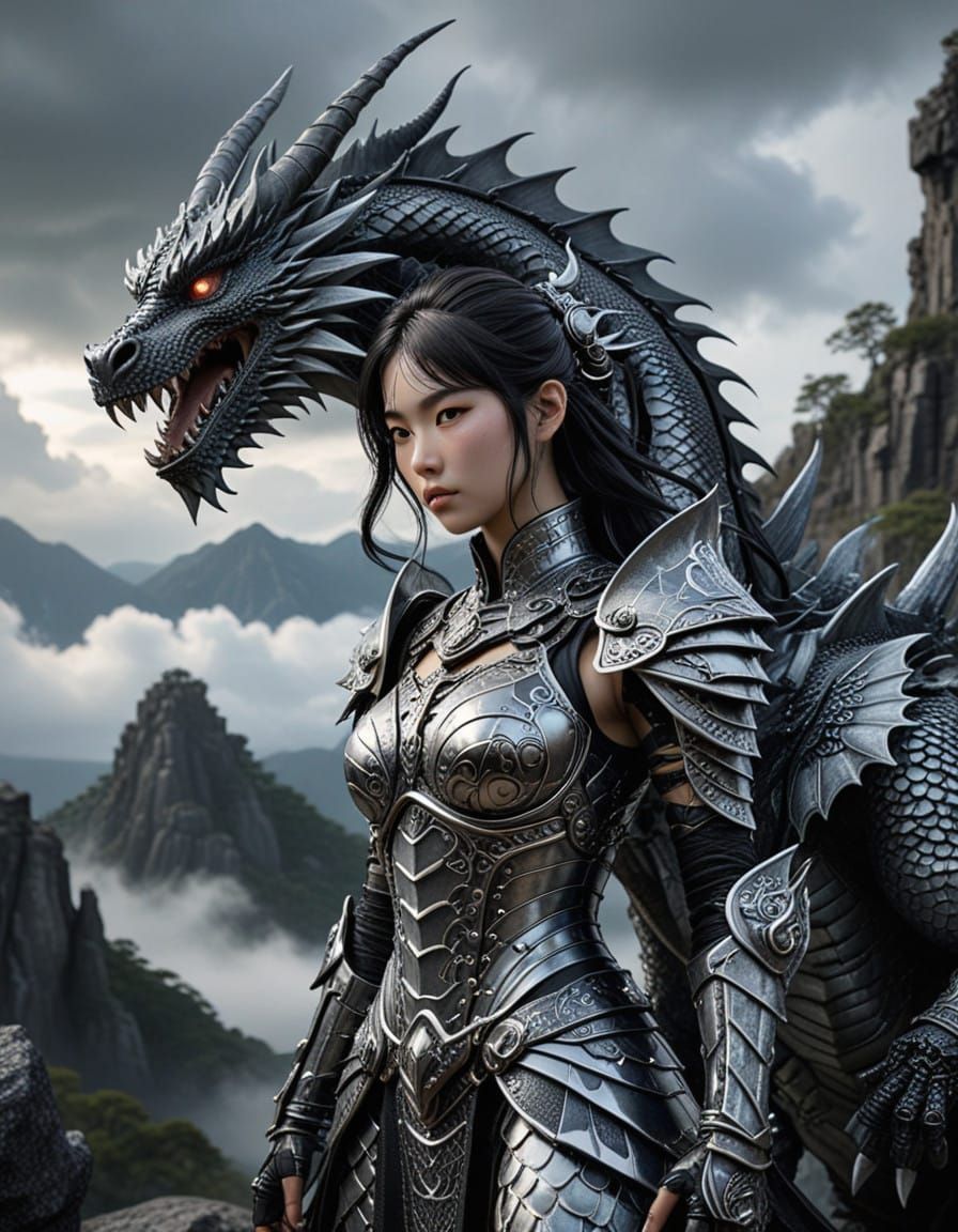 Epic Anime Dragon Warrior Woman in Ancient Mountains