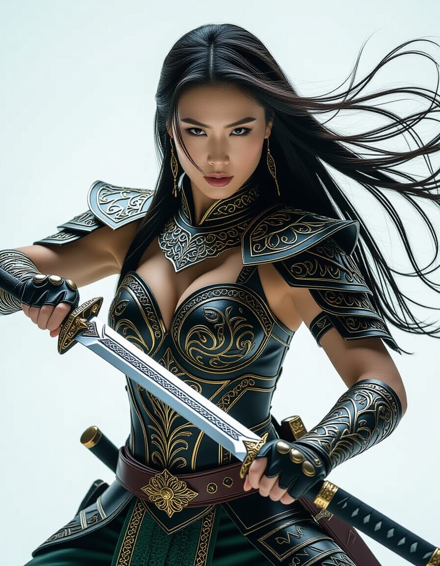 Sensual Asian Elf Warrior Portrait with Scimitar