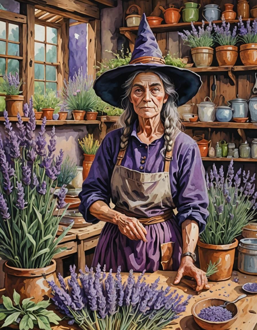 Folk Art Witch in Lavender Farm as Gouache Painting