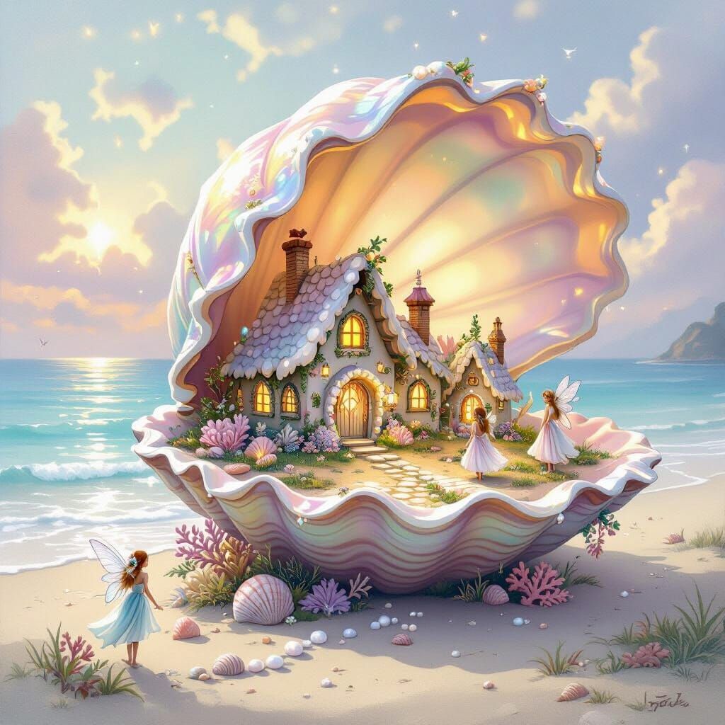 Seashell Fairy Village in Watercolor Style