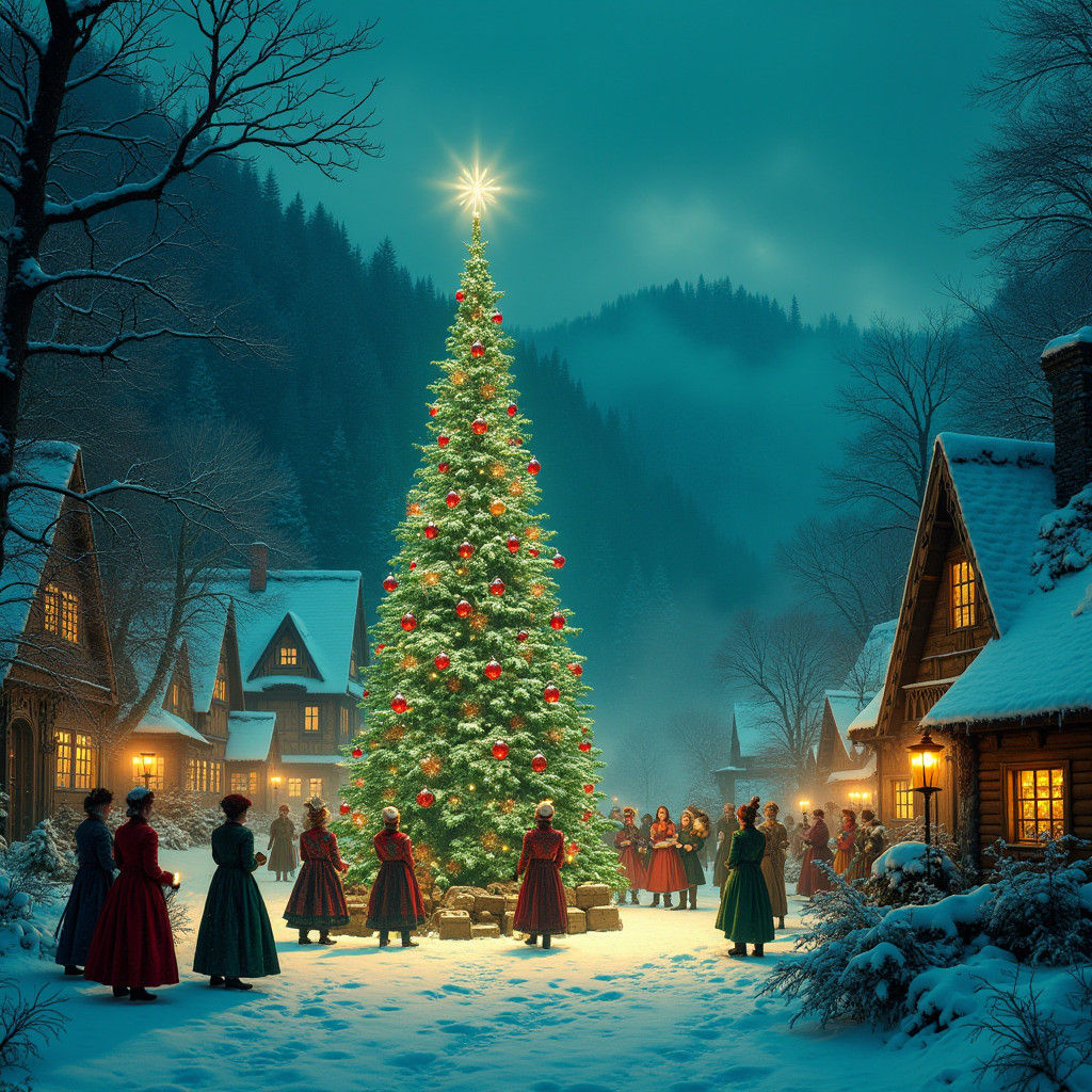 Yuletide Carolers Gather in Snowy Village at Dusk