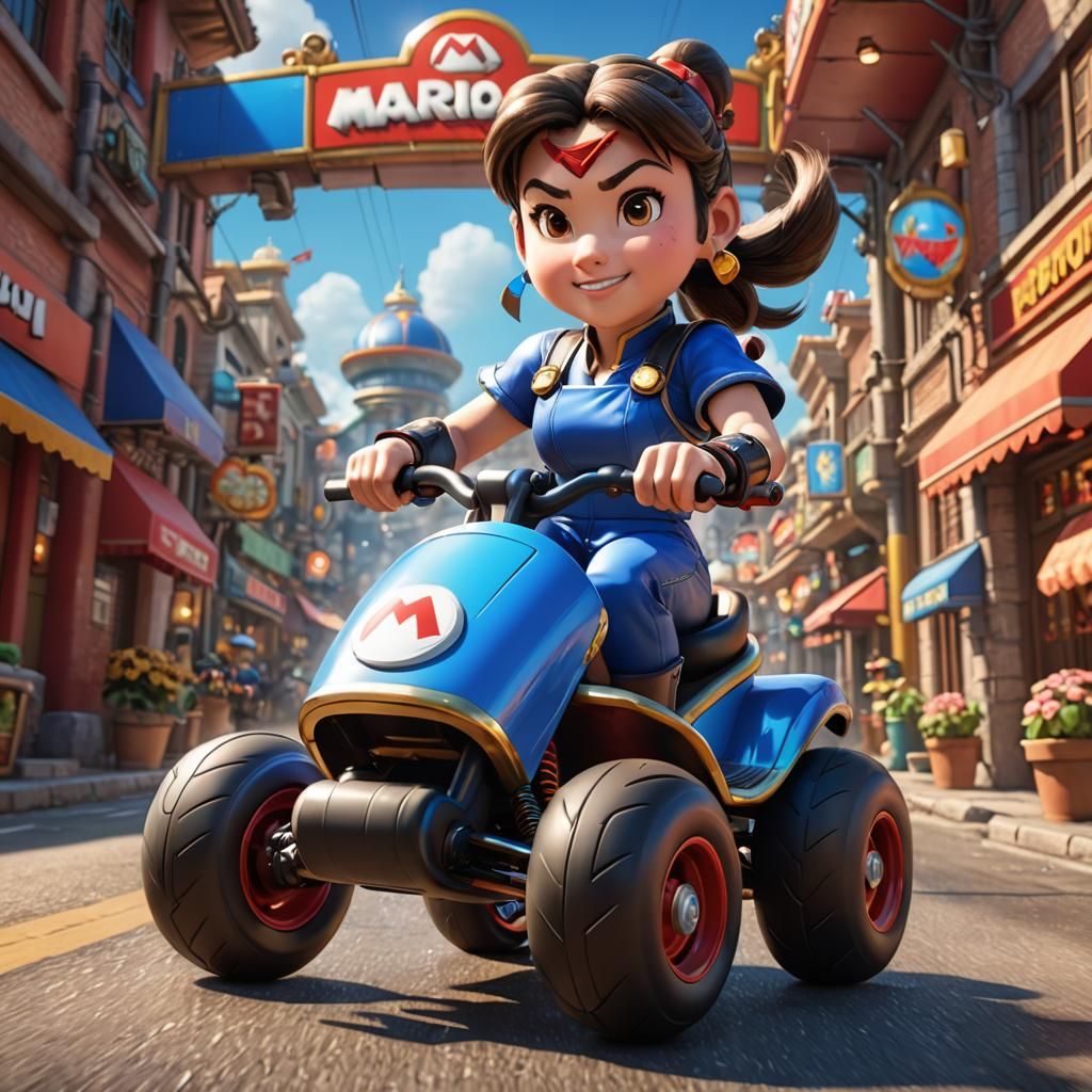 Chun-Li Driving a Mario Kart in 3D Art