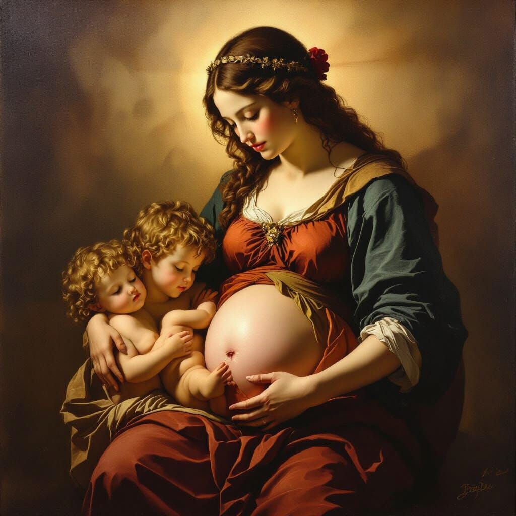 Eve Giving Birth to Abel and Cain in Renaissance Style