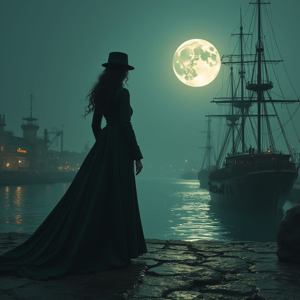 Steampunk Harbor at Moonlight in Syd Mead Style