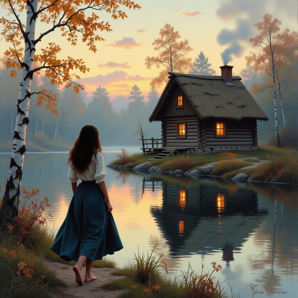 Young Woman in Autumn Forest by Rustic Cabin