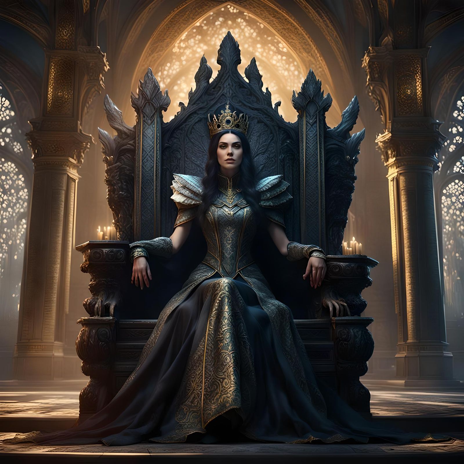 Beautiful black haired queen on throne
