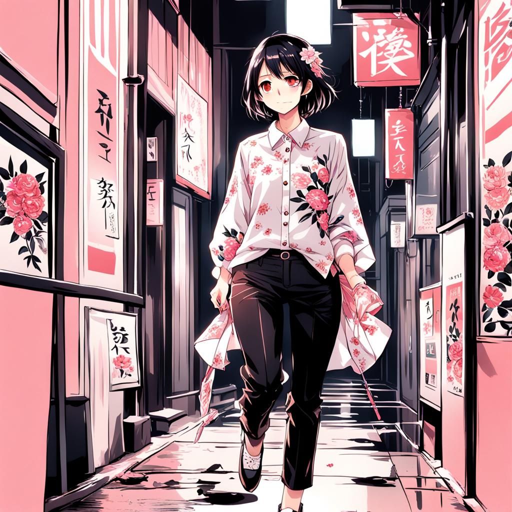 Mexican Girl in Floral Shirt, Anime Style