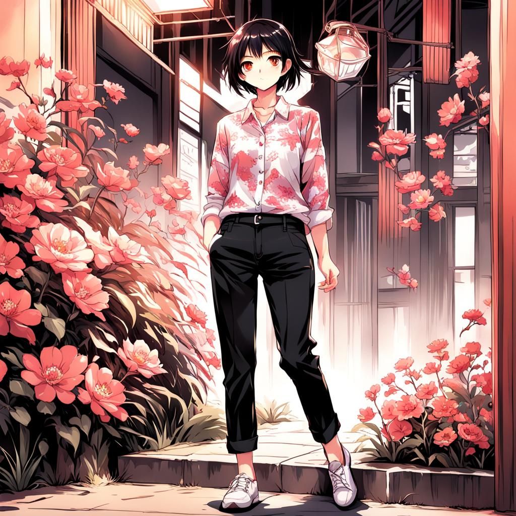 Anime Style Portrait of a Girl in Floral Shirt